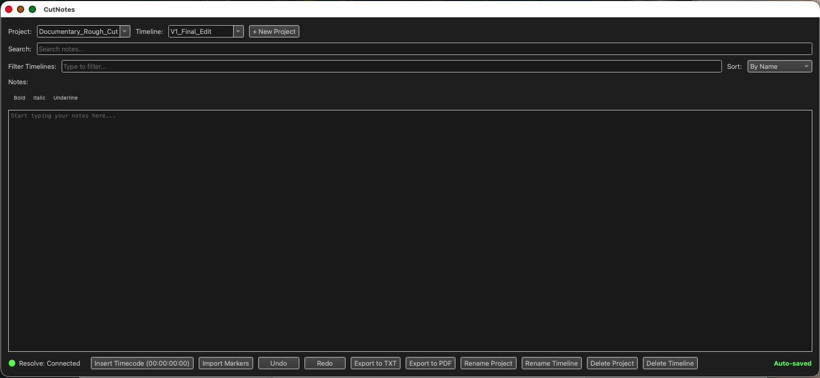 CutNotes main window showing notes editor with DaVinci Resolve integration