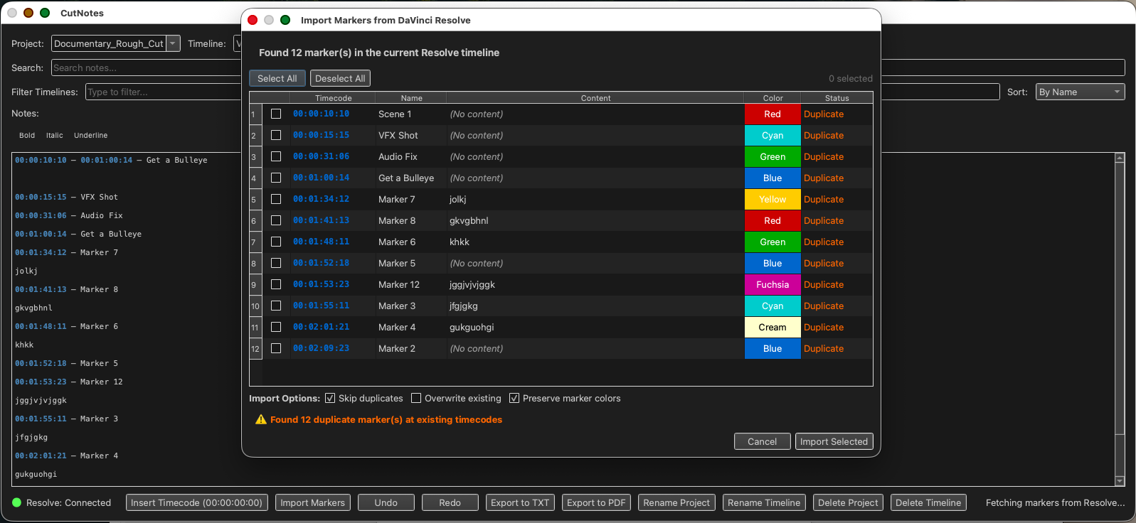 CutNotes marker import dialog