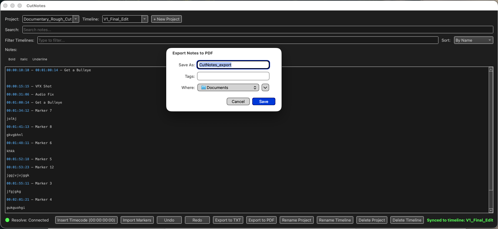 CutNotes PDF export